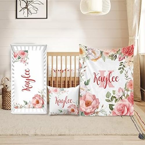 Custom Crib Bedding Set for Girls, Pink Floral Baby Bedding Sets with Personalized Name - Plush Blanket Fitted Sheet Pillowcase for Newborn Nursery Gift