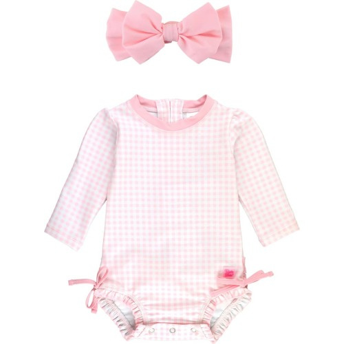 Regular & Baby Gingham Long Sleeve One-Piece Swimsuit & Headband Set, Pink Gingham