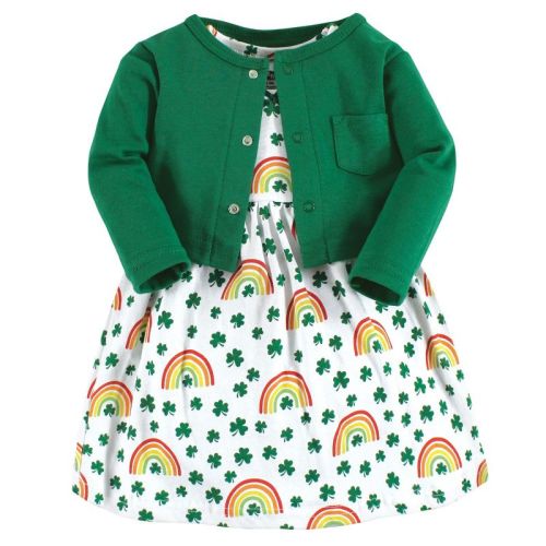 Hudson Baby Infant and Toddler Girl Cotton Dress and Cardigan Set, St Patricks Rainbow, 3-6 Months