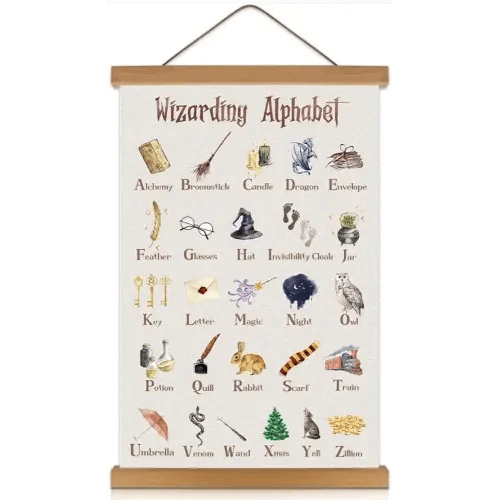 KAIRNE Wizarding Alphabet Hanging Poster(35x56CM) Sorting Hat,Flying Keys,Owl Witchcraft World Theme Prints Wood Magnetic,Positive ABC Wall Art Wizards Letters Gifts for Toddlers Kids Classroom Decor