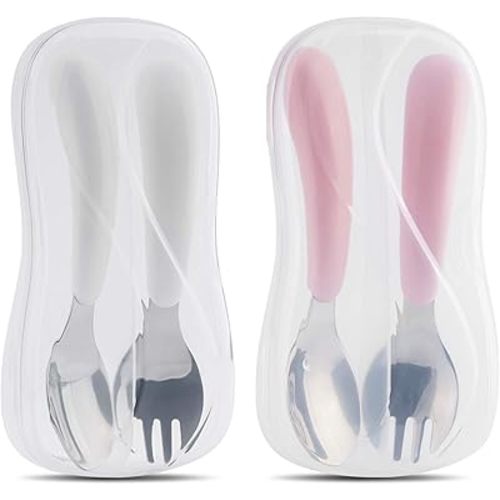 Kirecoo 2 Set Toddler Utensils, Toddler Forks and Spoons, Stainless Steel Toddler Silverware Set, Designed for Self Feeding Flatware Set with Travel Carrying Cases BPA Free (White & Pink)