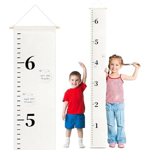 102 Pcs Canvas Growth Chart for Kids Baby with a Marker, 50 Round Labels and 50 Pin, 79" x 8" Height Measurement Ruler Hanging Removable Growth Tracker Fabric Boy Girl Room Nursery Wall Decor