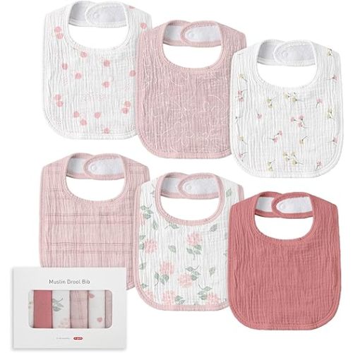 Muslin Baby Drool Bibs for Unisex Boys Girls, 6 Pack Soft Cotton Baby Bib for Teething Drooling, Essentials Shower Gift (6, Pink)