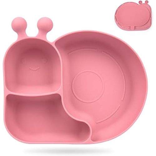 Silicone Baby Plate with Super Suction – Snail Shape 3 Compartment Toddler Food Plate Self Feeding Unbreakable Eating Supplies for Boys and Girls (Pink) (Pink)