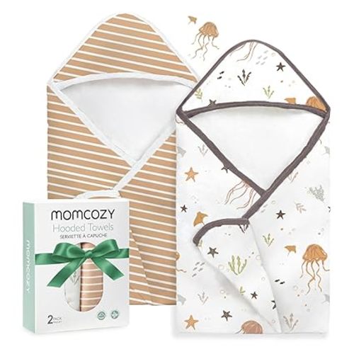 Momcozy Baby Towel with Hooded-2 Pack Soft Bath Towel Set-Shower Gifts or Bath Essential for Infant,Newborn, Toddler (28 X 28 Inch, Ocean Whimsy)