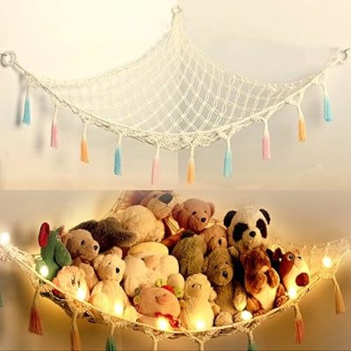 Stuffed Animal Net or Hammock with Light,Yewiwin Macrame Hanging Net Hammock for Stuffed Animal Toy Storage Organizer Boho Decor Room Holder for Nursery Play Room Bedroom (Beige)