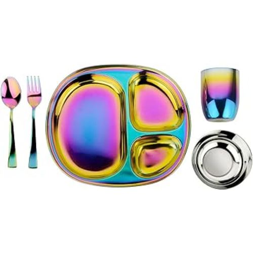 Ahimsa Stainless Steel Plates for Kids | Pediatrician Designed - Mindful Mealtime 5 Piece Dish Set | Toxin Free Plates for Toddlers | Toddler Dishware | 100% BPA Free (Rainbow)