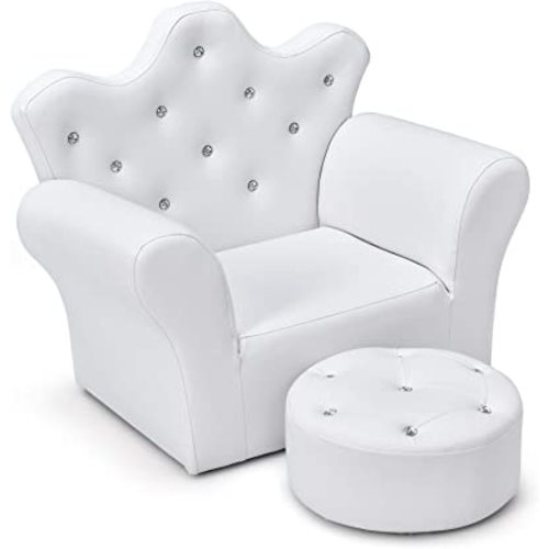 Costzon Kids Sofa, Children Upholstered Sofa with Ottoman, Princess Sofa with Diamond Decoration, Smooth PVC Leather Toddler Chair, Kids Couch for Boys and Girls, Gift for Toddlers (White)