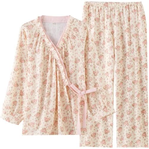 Womens Floral Cotton Pajama Set – Soft Sleepwear with Kimono Wrap Top & Elastic Waist Pants