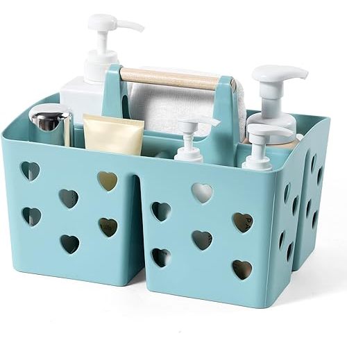 Portable Shower Caddy Plastic Shower Basket Organizer Divided Bathroom Caddy Storage Cleanning Caddy Tote with Handle for College, Dorm Room, Kitchen, Blue