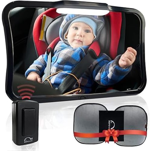 Baby Car Mirror,3 Modes LED Lights Back Seat Rear Facing toddler Safety Mirror,11.4" X 7.1"Wide View with 360 Pivoting,Shatterproof Glass Black
