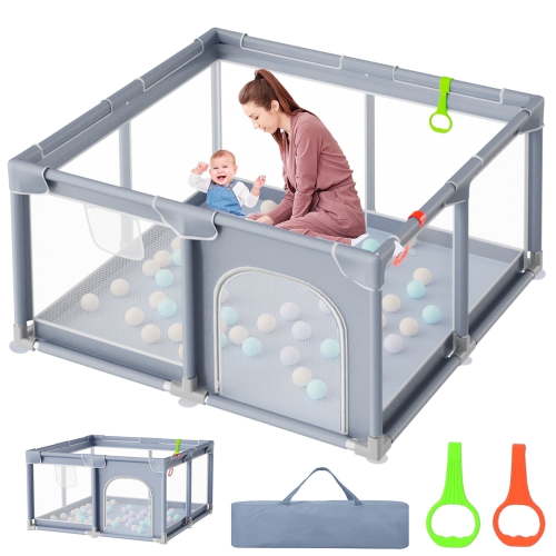 JoyStone Baby Playpen, 50 x 50 in, Non-Slip Base, Soft Mesh Sides, 2 Pull-up Rings, Carry Bag, Gray