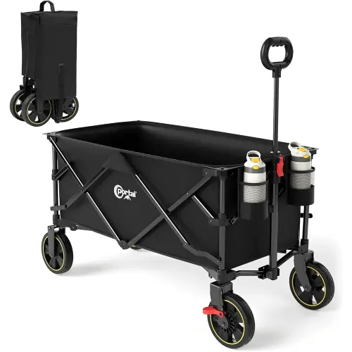 PORTAL Collapsible Folding Wagon Cart, 270 lbs Heavy Duty Foldable Wagons with Wheels & Brake, Utility Grocery carts for Apartment, Shopping, Outdoors Camping, Sports, Garden, Beach