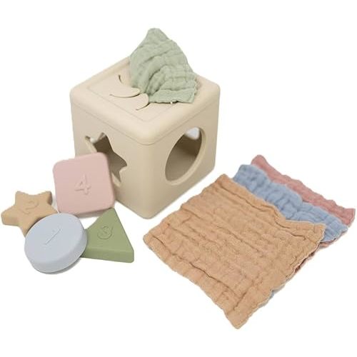 Brooklyn Neutral Silicone Shape Sorter & Tissue Box Toy with Organic Muslin Cotton Cloths - Baby Toys for Development - Montessori Learning Toys for 1 Year Old-Educational Non-Toxic Toy