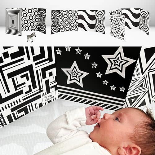 My Little Learner - Supersized High Contrast Baby Sensory Fold-Out Board for 0 6 Months - Newborn Sensory Toys - Black and White Baby Book - Thick Stand Up Sensory Cards - Black and White Baby Toys