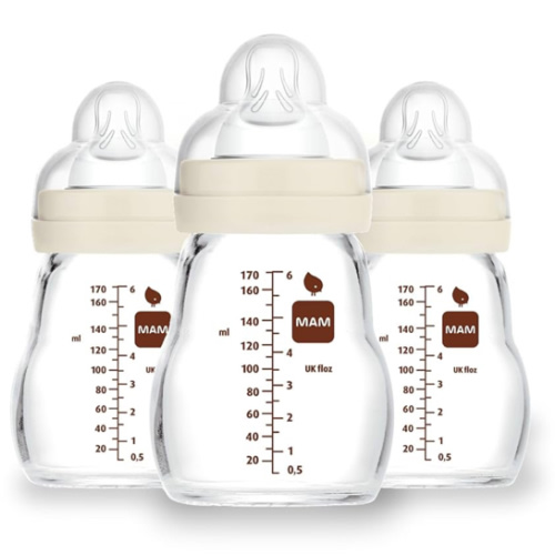 MAM Feel Good Slow Flow Premium Glass Baby Bottles, Easy Switch Between Breast and Bottle, 6oz, 0+ Months, Unisex, 3 Pack