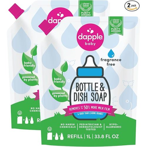 Dapple Baby Fragrance-Free Bottle & Dish Soap Refill Pouch - (2 Pack) 33.8 fl oz - Plant-Powered Cleaner for Baby Bottles, Pump Parts, and Sippy Cups