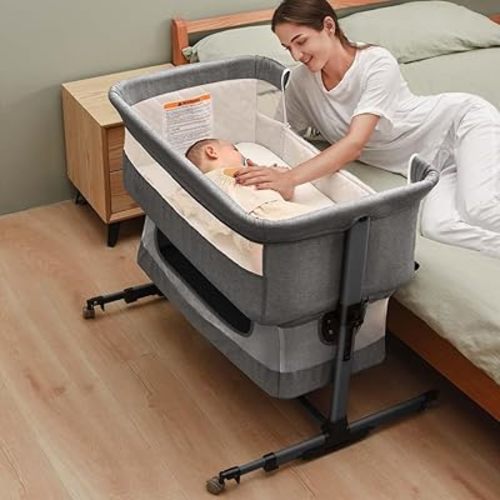 Soobaby 3 in 1 Baby Crib,Bassinet Bedside Crib Adjustable Portable Bed for Infant,Baby Newborn Must Have Bed,Grey