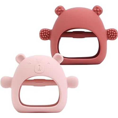 2 Pack Silicone Baby Teether Toy for Infants 3+ Months, Anti-Drop Silicone Baby Mitten Teether for Soothing Teething Pain Relief, Baby Chew Toys for Sucking Needs, BPA Free(Dark Pink, Red)