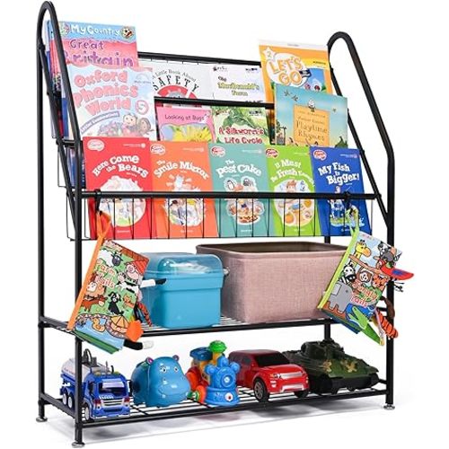 Bookshelf for Kids, Metal Kids Bookshelf, 5 Tier Kids Book Shelf and Toy Storage, Bookcase for Kids Room, Kids Book Storage for Bed Room Living Room (Large, Black)