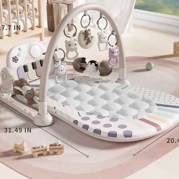 Baby Gym Play Mat with Detachable Musical Piano, Light Up Activity Center with 4 Rattles & Glowing Night Light, Educational Sensory Toys for Newborns 0-12 Months