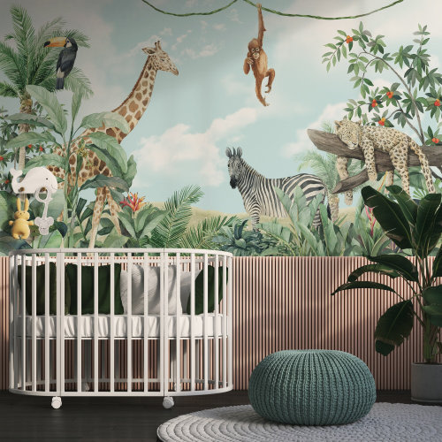Kids Safari Wallpaper | Jungle Animals Wall Mural | Removable Baby Room Wallpaper | Peel and Stick Wallpaper