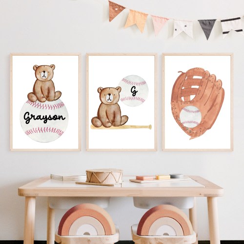 Personalized Baseball Bear set of 3 wall art prints, Baseball nursery wall art set, Baseball wall art, Teddy Bear wall art, Kids wall art