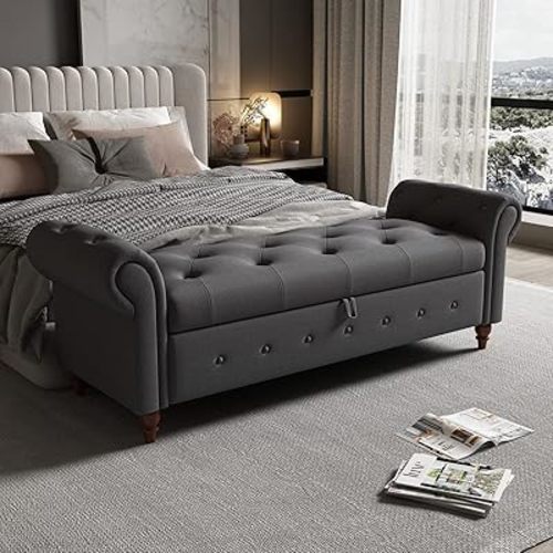 NIOIIKIT 63'' Storage Ottoman Bench, Button Tufted End of Bed Bench, Rolled Armed Ottoman Couch Long Bench for Bedroom, Living Room, End of Bed, Hallway(Grey Polyster)
