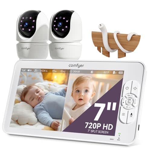 7" HD Split-Screen Baby Monitor with 2 1080P Cameras, 48 Hrs 6000mAh Battery Runs 2 Days in VOX Mode, No WiFi Monitor with a Flexible Bracket, 2 Way Audio, Remote PTZ, Auto Night Vision