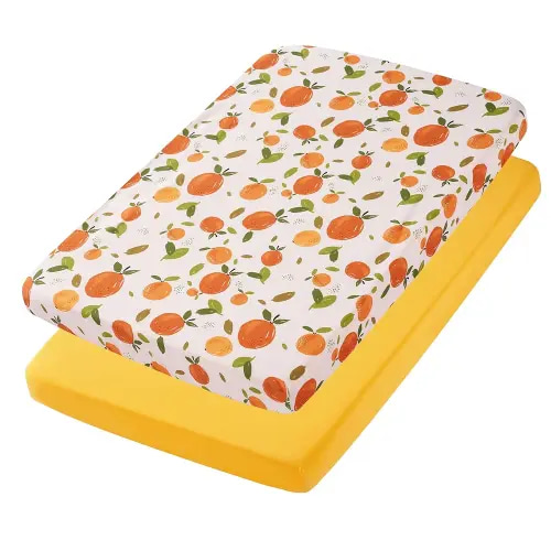 TILLYOU Mini Crib Sheets Fitted 2 Pack, Pack and Play Sheets for Toddler Mattress, Soft and Breathable 38”x 24” Pack n Play Mattresses Cover, Orange Flavour & Orange