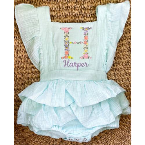 Baby Girls Floral Name Embroidered Romper - Toddler Girls Personalized Monogram Romper - Girls Customized Ruffle Romper - Muslin Outfit Baby