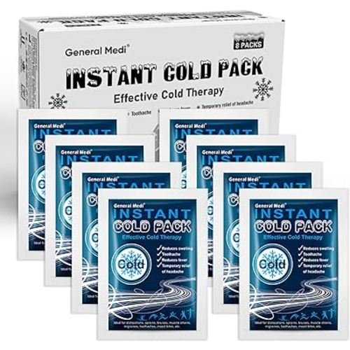 General Medi Instant Ice Cold Pack (4”x 5.5”) – 8 Packs Disposable Cold Therapy Ice Packs for Pain Relief, Swelling, Inflammation, Sprains, Toothache – for Athletes & Outdoor Activities
