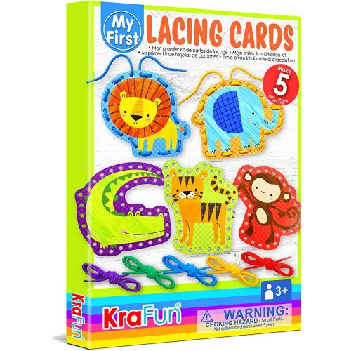 KRAFUN Beginner Preschool Lacing Card Kit for Kids Arts & Crafts, 5 Easy Safari and Animal Lacing Projects, Instructions Included, Lacing Cards for Toddlers, Fine Motor Skills Training Toys