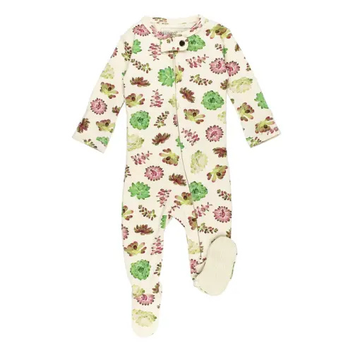 Organic 2-Way Zipper Footie in Buttercream Succulents Preemie-NB