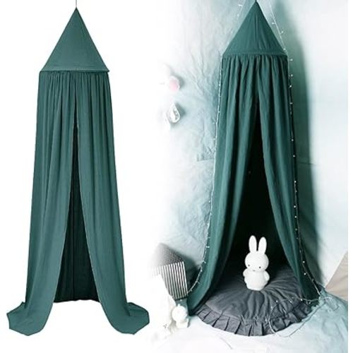 Topyond Bed Canopy, Canopy Bed Curtains, Cotton Cloth Material Hanging Bed Netting, Green Crib Canopy for Girls and Boys, for Bedroom Decoration