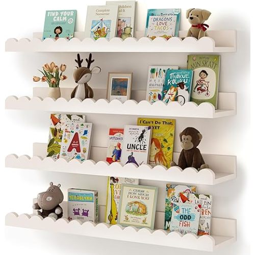 Nursery Book Shelves, 4-Pack White Floating Shelves for Wall Kids, Scalloped Shelves, Wall Book Shelves for Bedroom Kids, Toddler Room, Baby Room, Nursery Decor