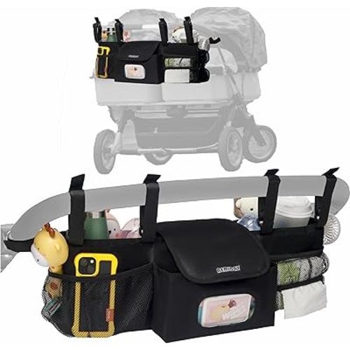 Double Stroller Organizer Compatible with BOB Duallie and Baby Jogger City Mini GT2 Double Stroller, Double Baby Stroller Accessories with 2 Cooler Pockets , Black(Empty Bag)