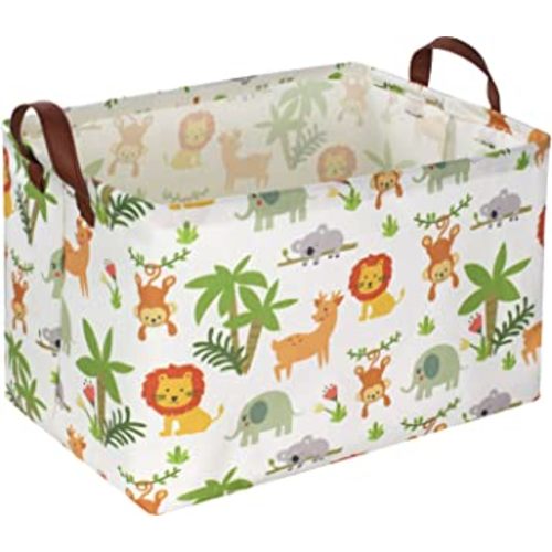 Essme Rectangular Baby Storage Basket,Green Basket,Nursery Storage Bin Organizer with Handles for Jungle Decor,Shelf Basket,Animal Basket.(Jungle animal)