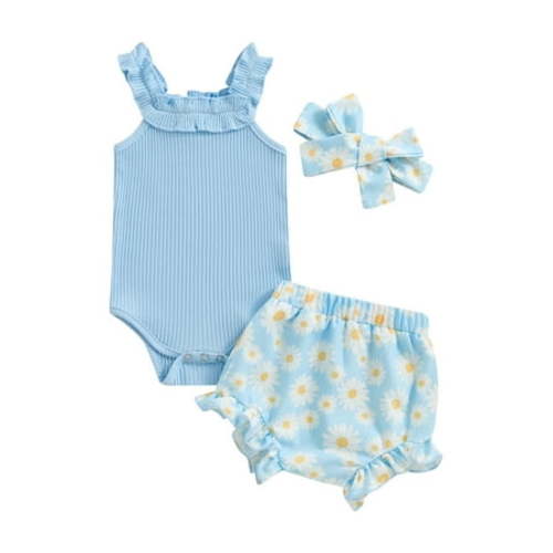 EYIIYE Kids Toddler Girls Summer Casual Shorts Sets 0 3M 6M 12M 18M Infant Baby Sleeveless Jumpsuits Solid Color Ribbed Rompers Daisy Print Shorts Heate Comfy Clothes Sets for Daily Vacation