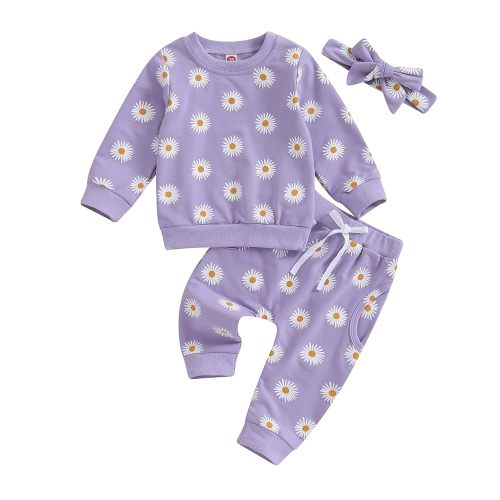3Pcs Baby Girl Outfits Daisy Sweatshirt + Pants + Headband Infant Fall Winter Clothes