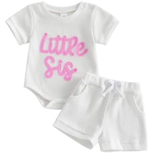 allshope Newborn Baby Girl Summer Outfit Romper Little Sister Lil Sis Embroidery Jumpsuit Tops Shorts Infant Waffle Clothes