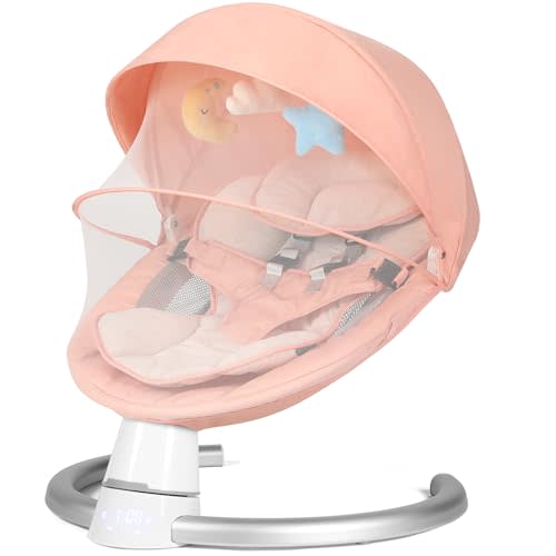 Baby Swing for Infants, Baby Rocker with 5 Speed & 10 Preset Lullabies, Bluetooth Support, 5 Point Harness with Remote Control and 3 Hanging Toys, Pink