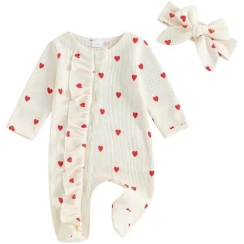 My First Valentines Day Baby Girl Outfit Newborn Footie Romper Heart Bodysuit + Headband Infant One Piece Outfit
