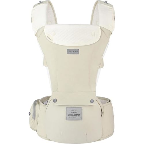 Bebamour Baby Carrier Safety-Certified Hip Seat Baby Carrier Newborn to Toddler Baby Carrier Hipseat 0-36Months with Head Hood, 3 PCS Teething Pads, Waist Extender & Storage Bag (Khaki)