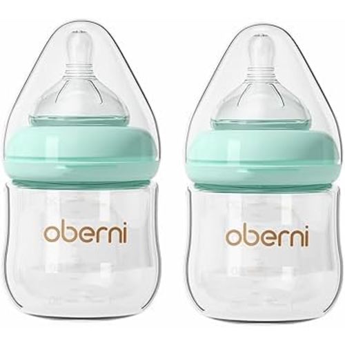 Oberni Glass Baby Bottles,Anti Colic Breastfeeding Bottle with Natural Response Nipple Size S,Wide Neck Slow Flow Baby Bottle for Baby,Newborn,Preemie 0-3 0-6 Month,BPA Free (Blue, 2 Pack, 4 Ounce)