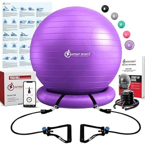 INTENT SPORTS Yoga Ball Chair – Stability Ball with Inflatable Stability Base & Resistance Bands, Fitness Ball for Home Gym, Office, Improves Back Pain, Core, Posture & Balance (65 Cm)