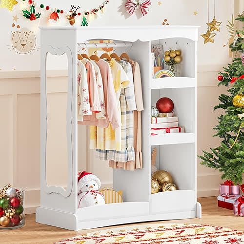 Curipeer Kids Dress Up Storage with Flower Mirror, Open Hanging Closet Wardrobe for Children, Kids Armoire & Costume Organizer for Bedroom Playroom Preschools Classroom, White