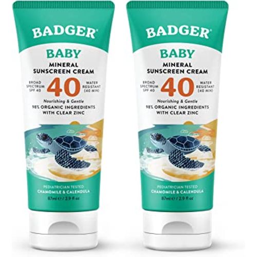 Badger Mineral Baby Sunscreen Cream SPF 40, 98% Organic Toddler Sunscreen with Zinc Oxide, Broad Spectrum, Reef Safe, Water Resistant, Pediatrician Tested Baby Sunblock, 2.9 fl oz, 2-Pack