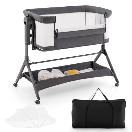 Costway Height Adjustable Bedside Sleeper Baby Crib with Storage Bag 0-6 Months Gray