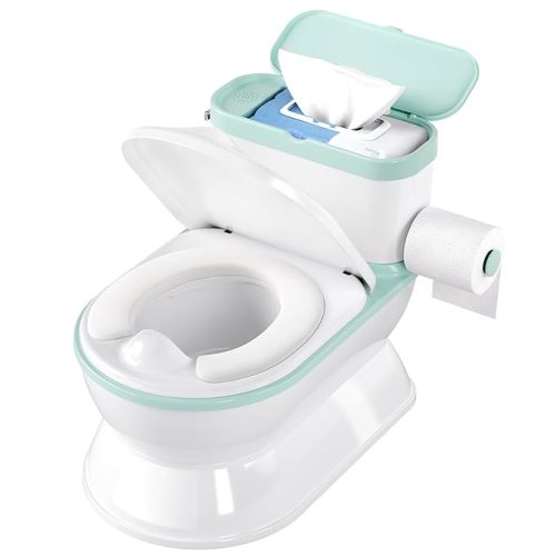 2-in-1 Toddler Potty Training Toilet - Larger Potty Chair & Detachable Training Seat for Boys & Girls Ages 1-3 with Flushing Sound, Wipes Storage, Toilet Paper Holder - Cyan